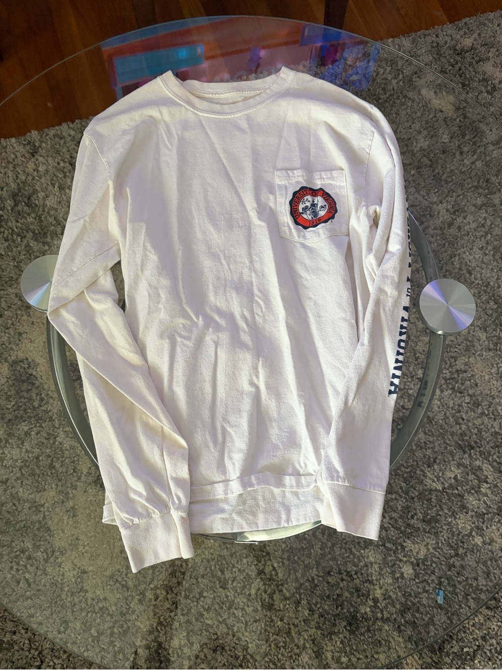 White Long-Sleeve Pocket Tee with Red & Black Patch